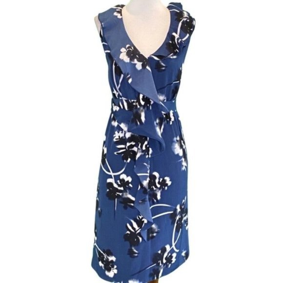 Tahari Sleeveless V-Neck Draped Ruffle Trim Blue Floral Chiffon Dress Size 8 - Picture 2 of 6
